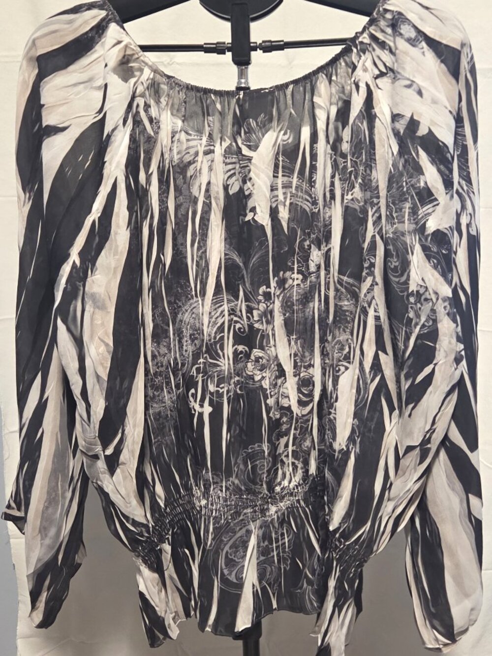 Venezia Women Plus Size 22/24 2X Sheer Scoop Neck Boho Top - Floral B&W